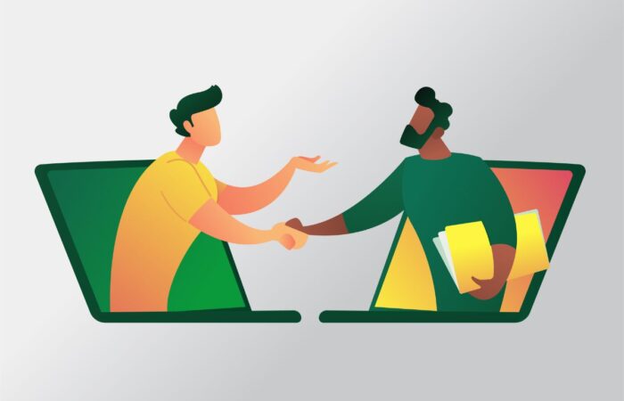 Graphic of two men shaking hands through a virtual interaction