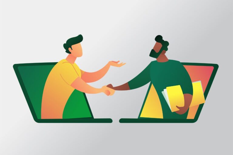 Graphic of two men shaking hands through a virtual interaction