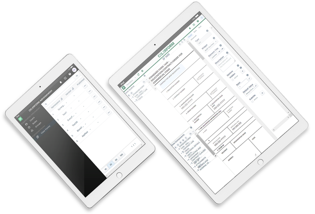 CelerForm application running on two separate tablets, displaying a sample form and the dashboard.
